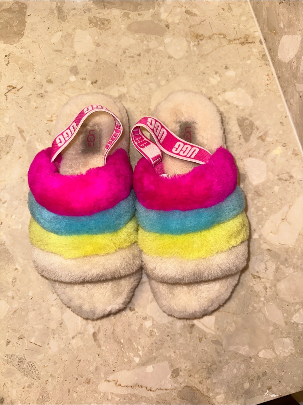 UGG Kids Rainbow Fuzzy Slide Slippers - Hot Pink/Blue/Yellow/Cream